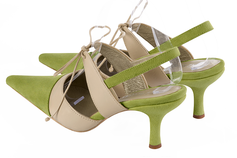 Pistachio green and champagne beige women's open back shoes, with an instep strap. Pointed toe. High slim heel. Rear view - Florence KOOIJMAN